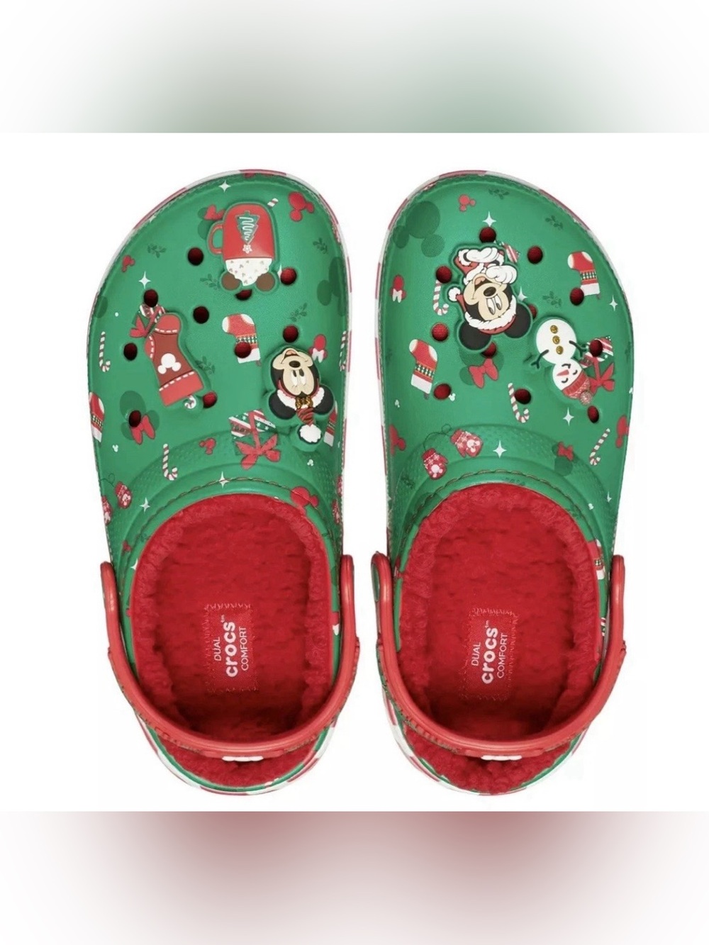 CROCS Disney Mickey Mouse Christmas Red Green Lined Clogs-Womens 6 OR Youth 4